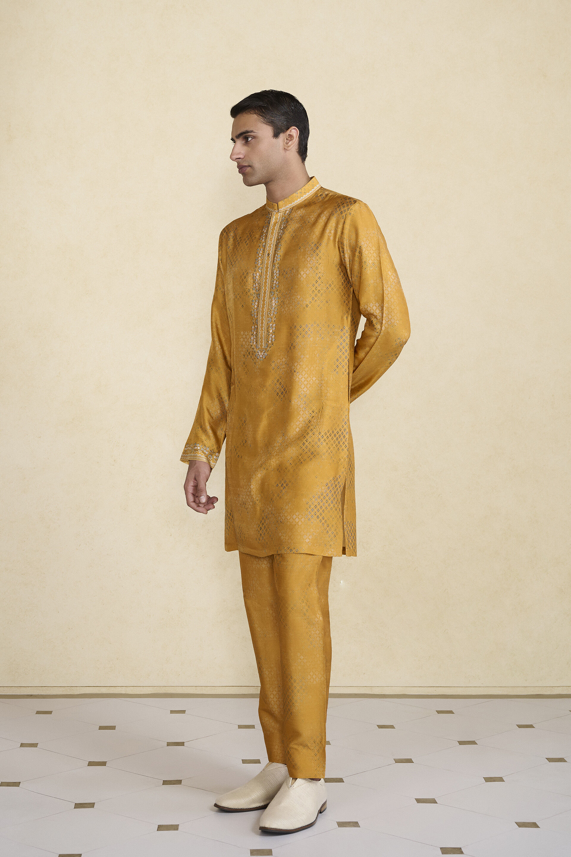 Zarghun Printed Silk Kurta - Mustard, Mustard, image 3